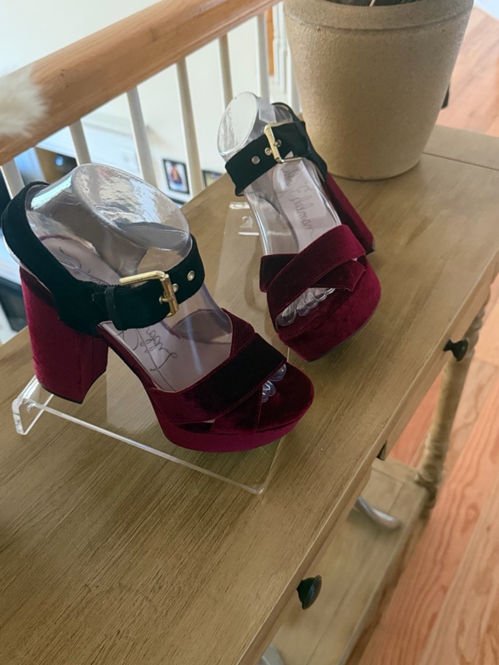Libby. edelman Burgundy and Black Velvet Platform Block Heel Sandals - Picture 7 of 16